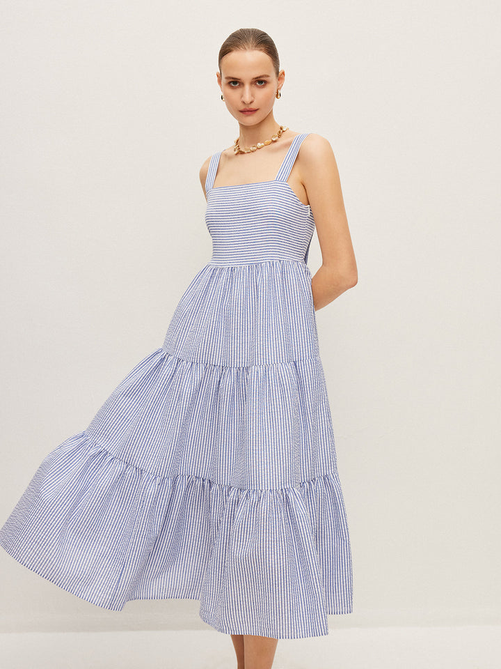 Çizgili Düğme Detaylı Kolsuz Elbise