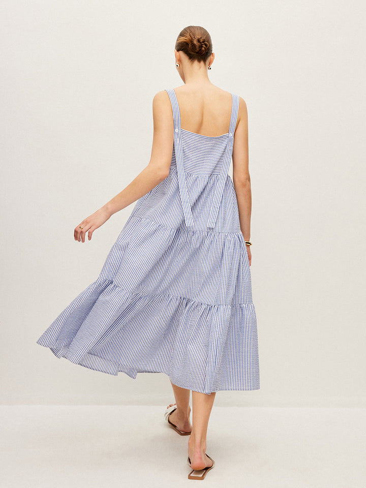 Çizgili Düğme Detaylı Kolsuz Elbise