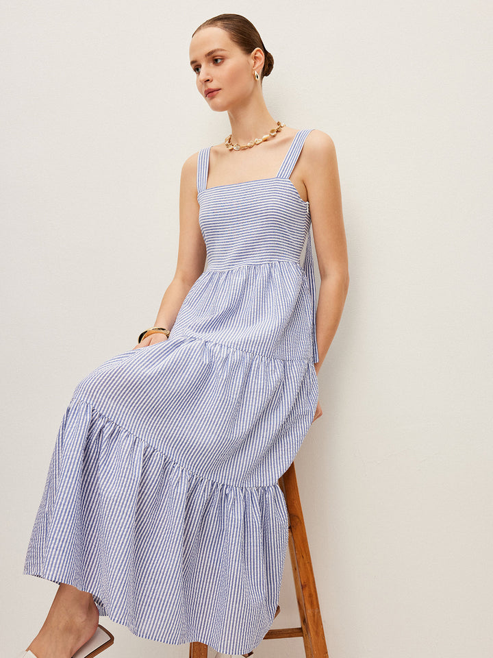 Çizgili Düğme Detaylı Kolsuz Elbise