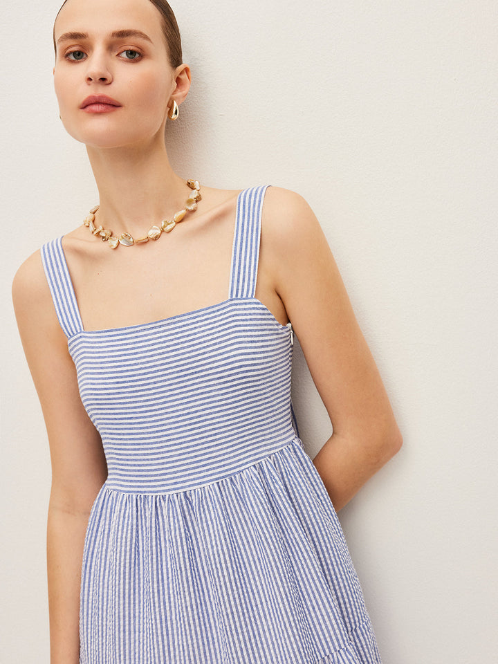 Çizgili Düğme Detaylı Kolsuz Elbise