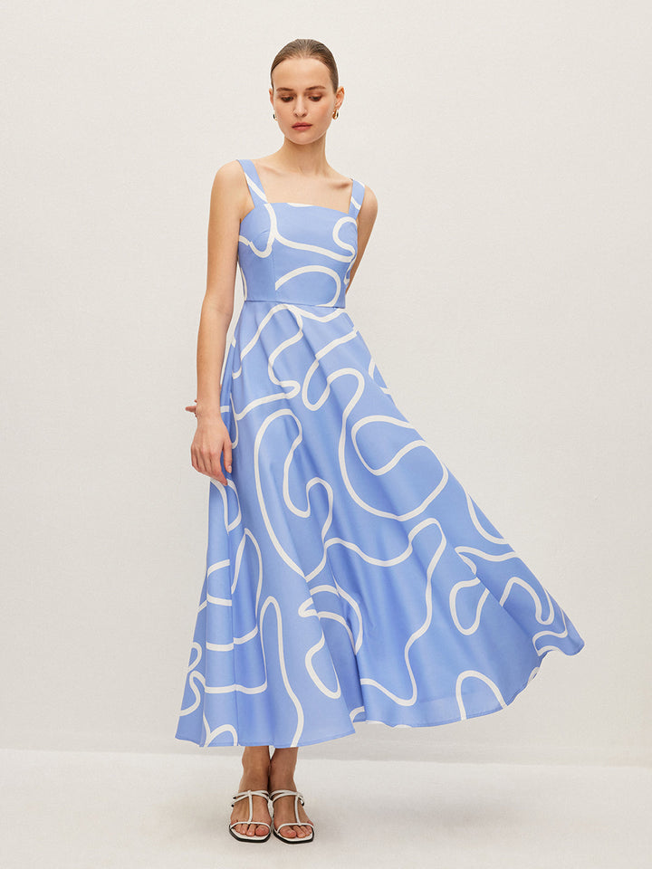 Soyut Çizgi Desenli Kare Askılı Elbise