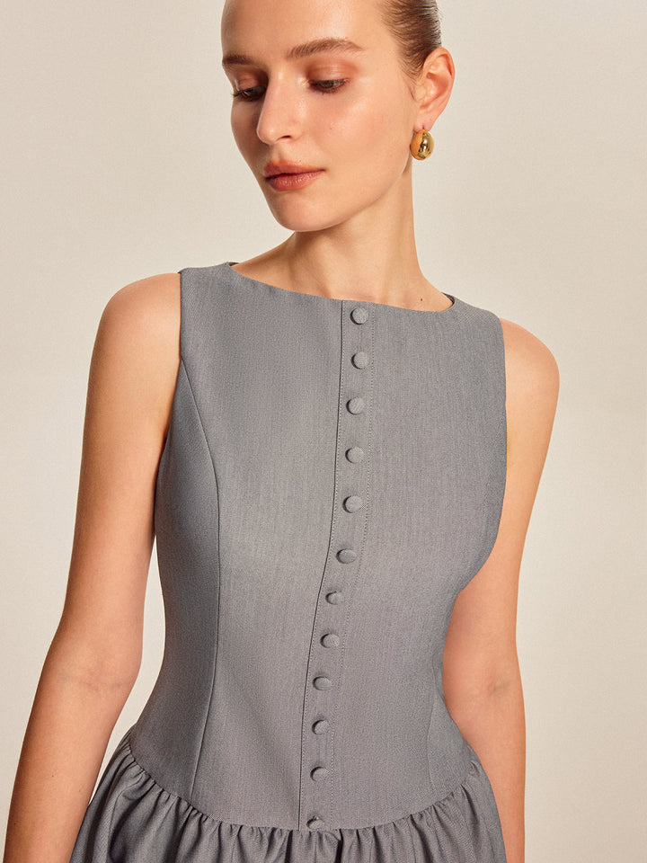 Önü Düğmeli Pileli Kolsuz Elbise