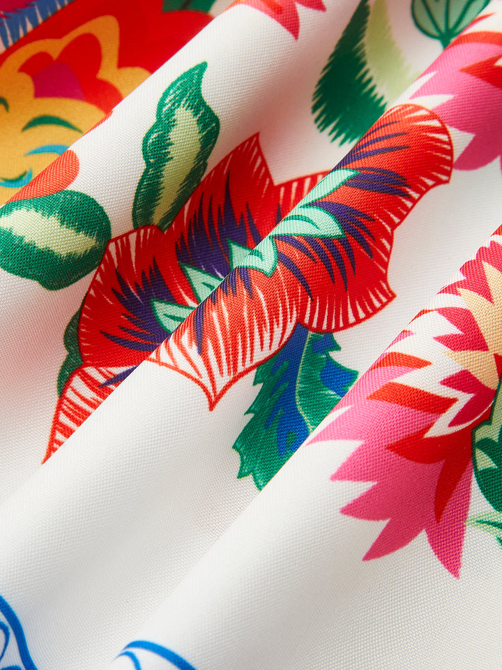 Omuzları Açık Çiçek Desenli Kemerli Elbise