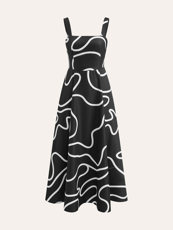 Soyut Çizgi Desenli Kare Askılı Elbise