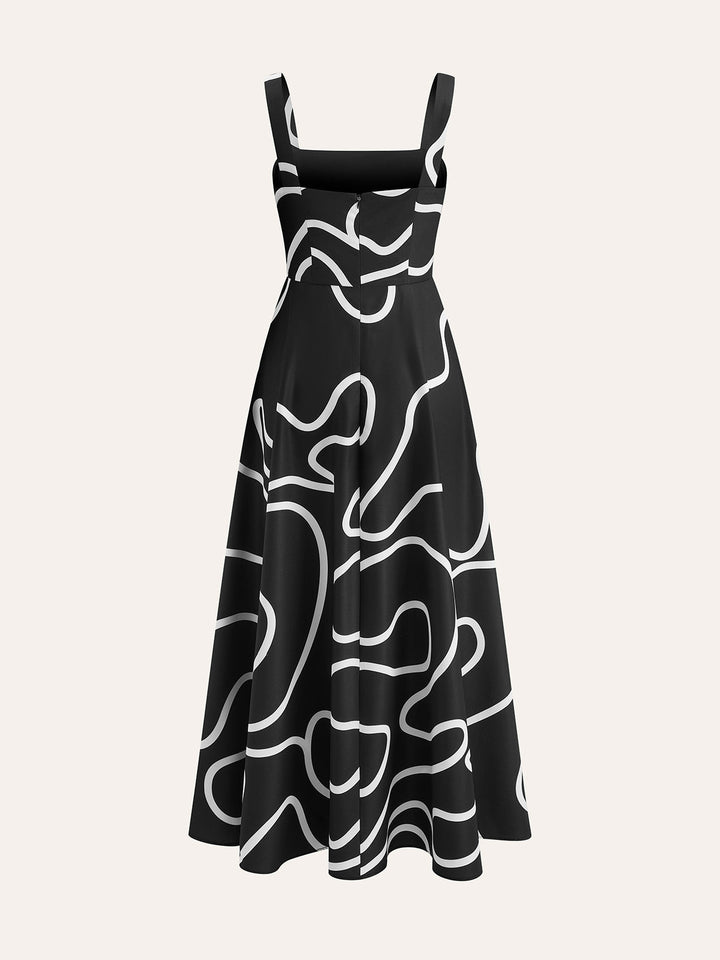 Soyut Çizgi Desenli Kare Askılı Elbise