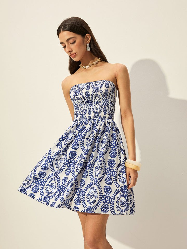 Straplez Çiçek Desenli Elbise