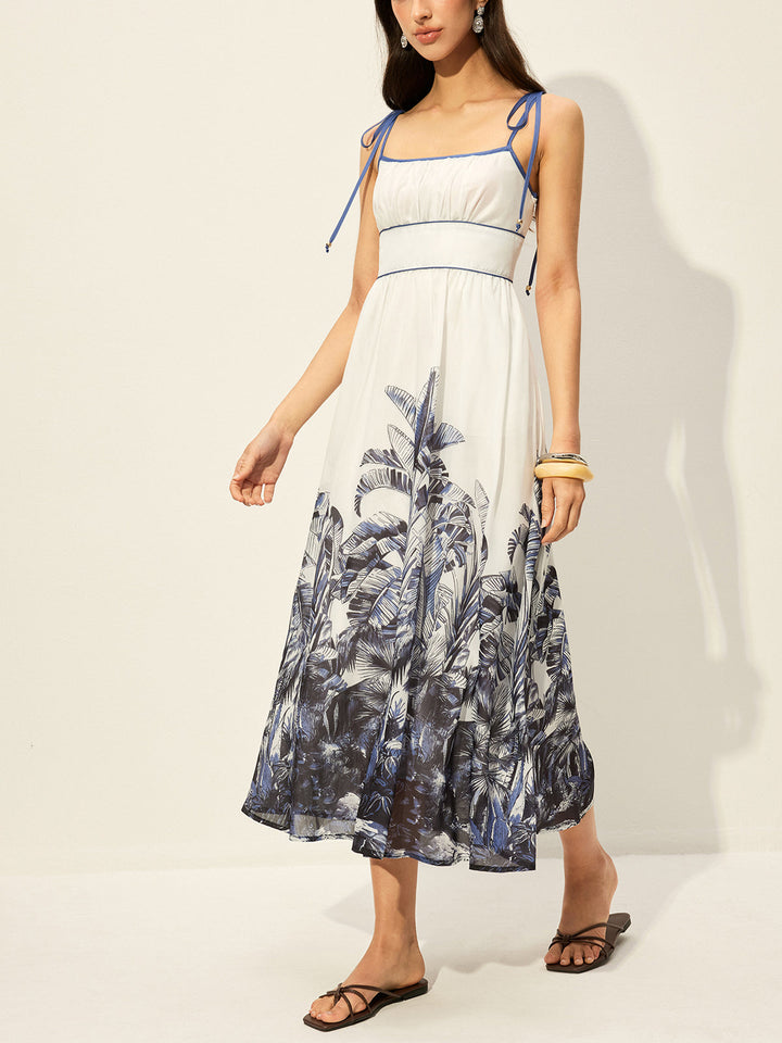 Tropikal Desenli Bağcıklı Elbise