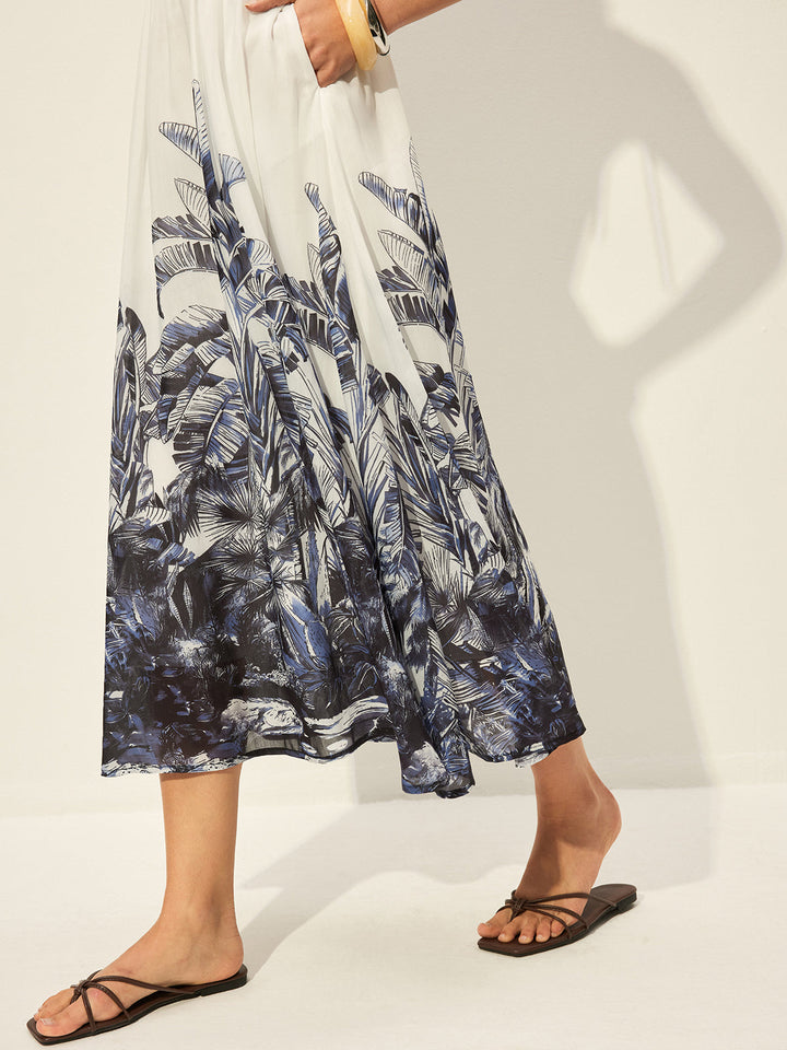 Tropikal Desenli Bağcıklı Elbise