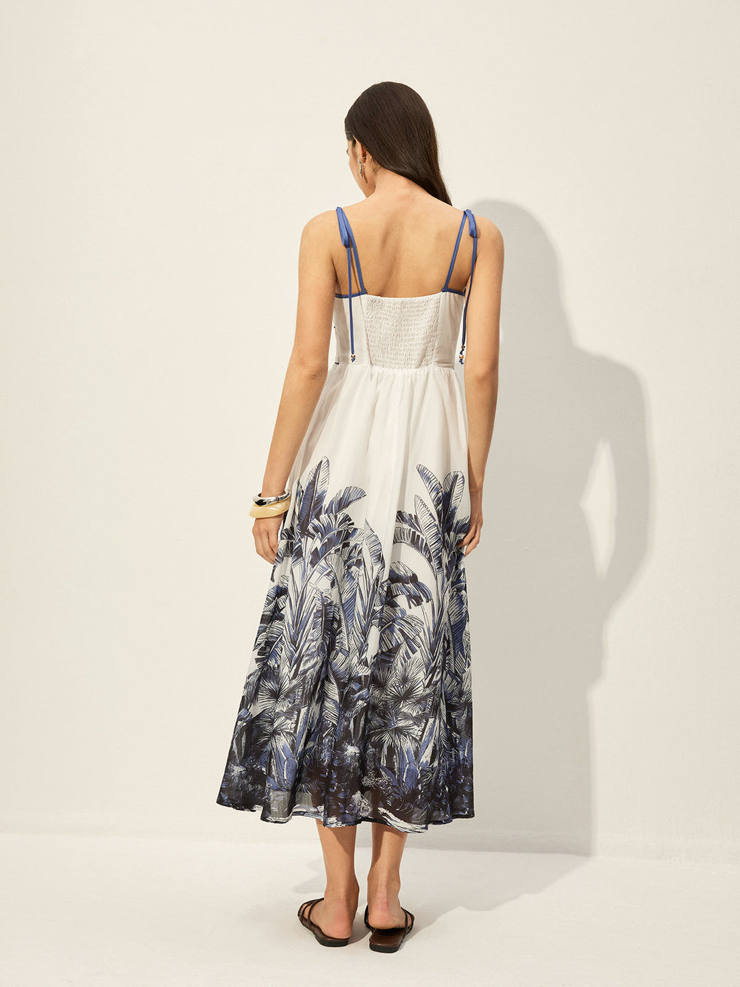 Tropikal Desenli Bağcıklı Elbise