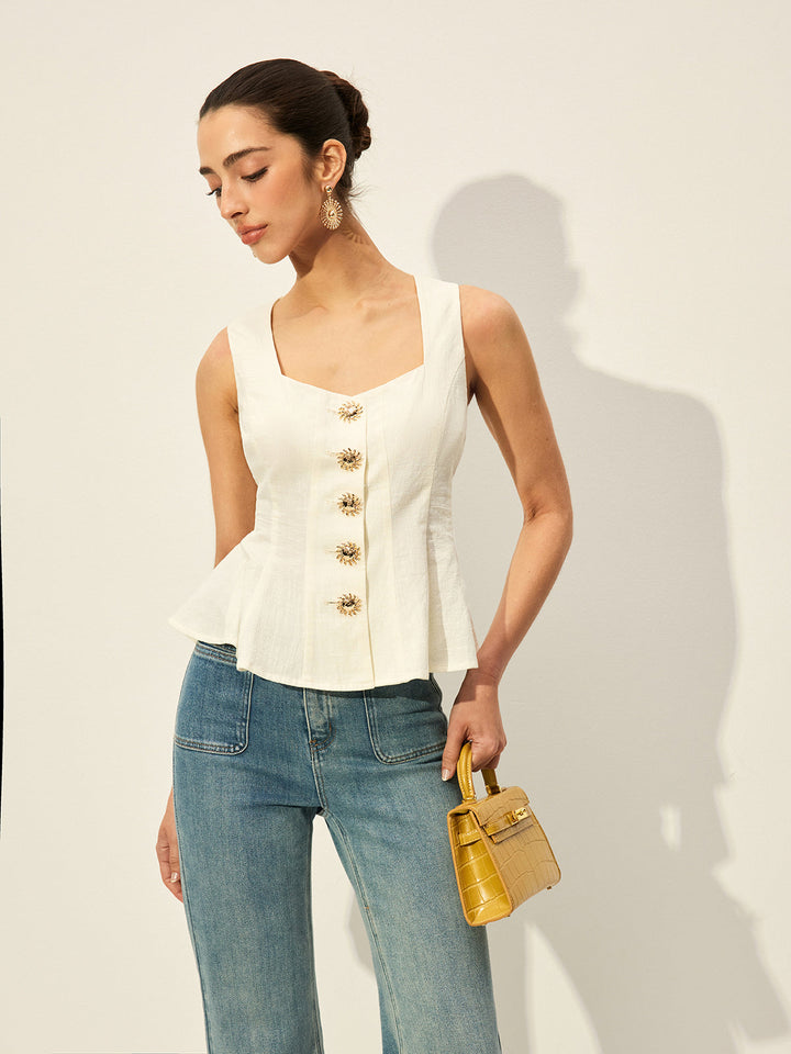 Kare Yaka Düğmeli Ön Peplum Üst