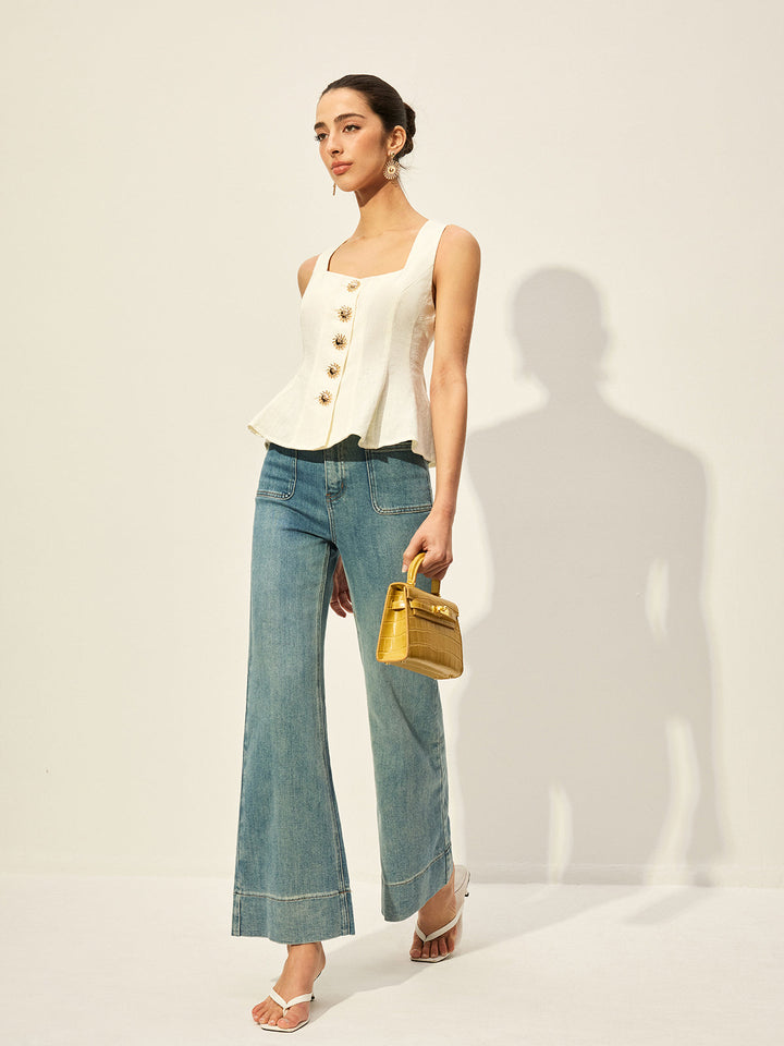 Kare Yaka Düğmeli Ön Peplum Üst