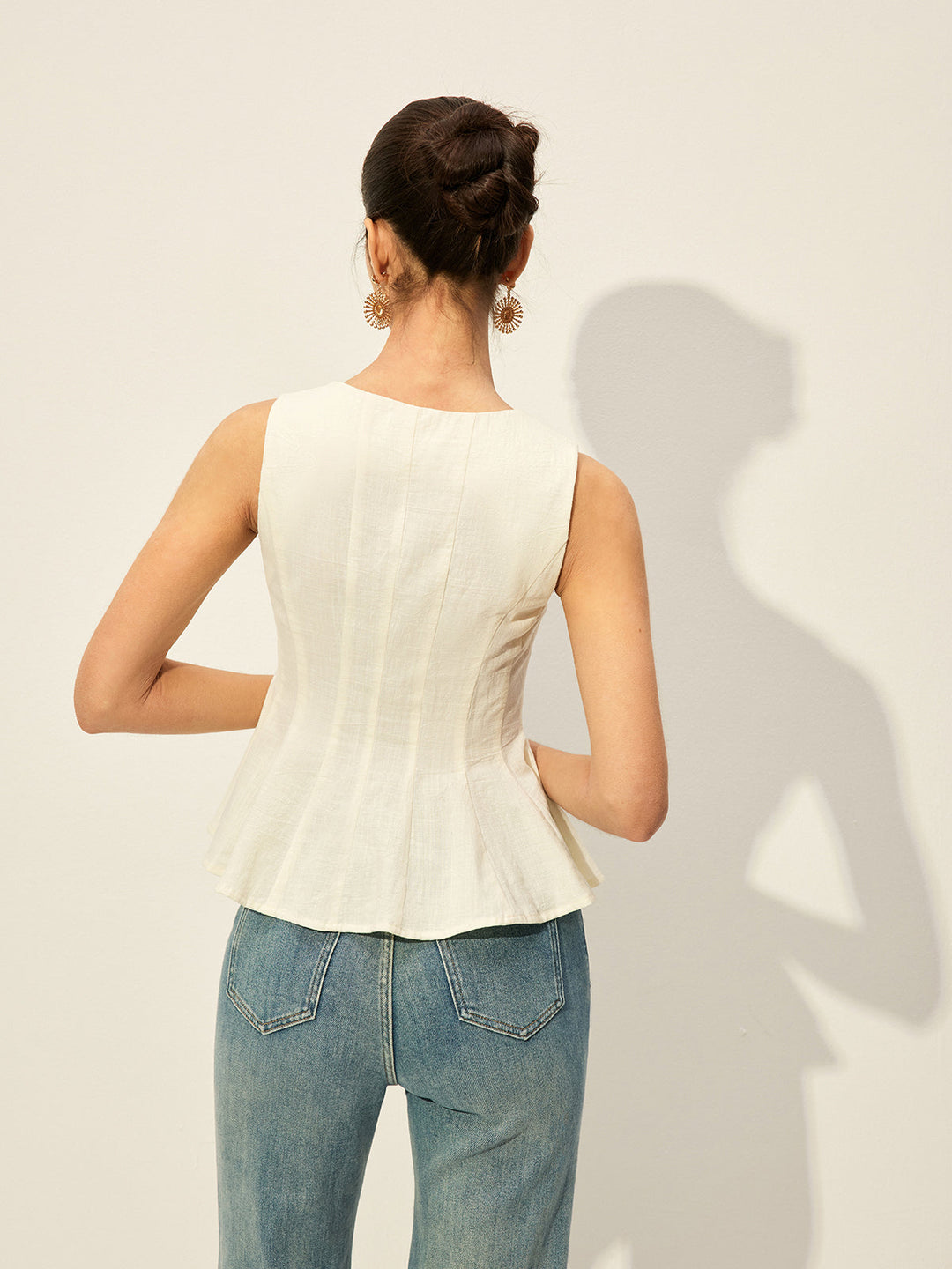 Kare Yaka Düğmeli Ön Peplum Üst