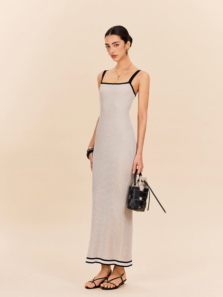 Çizgili Kontrast Kesim İnce Askılı Kazak Elbise