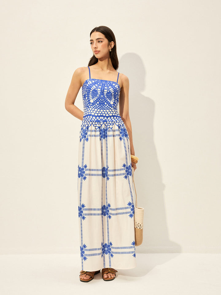 Baskı Ayarlanabilir Spagetti Askılı Fermuarlı Elbise