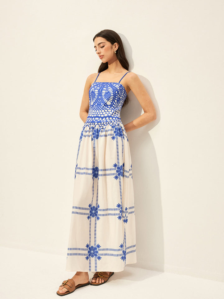 Baskı Ayarlanabilir Spagetti Askılı Fermuarlı Elbise