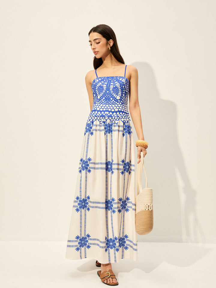 Baskı Ayarlanabilir Spagetti Askılı Fermuarlı Elbise