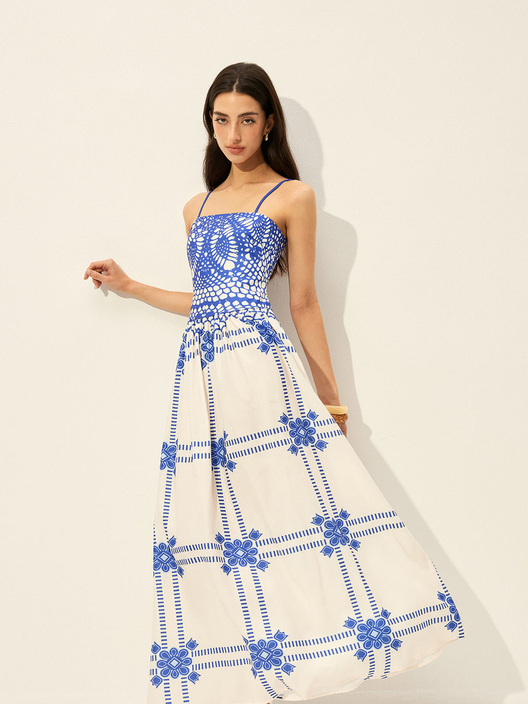 Baskı Ayarlanabilir Spagetti Askılı Fermuarlı Elbise