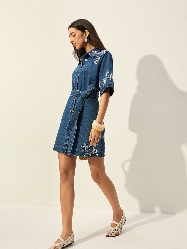 İşlemeli Kot Gömlek Elbise Kemerli