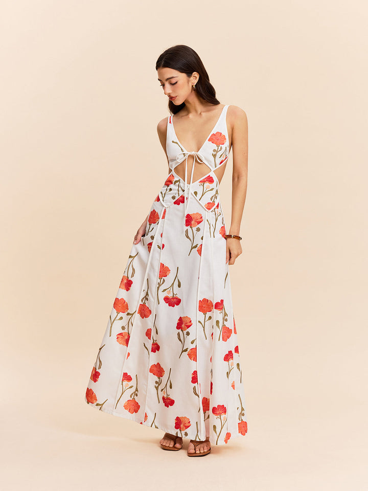 Çiçekli Kesikli Bağcıklı Elbise