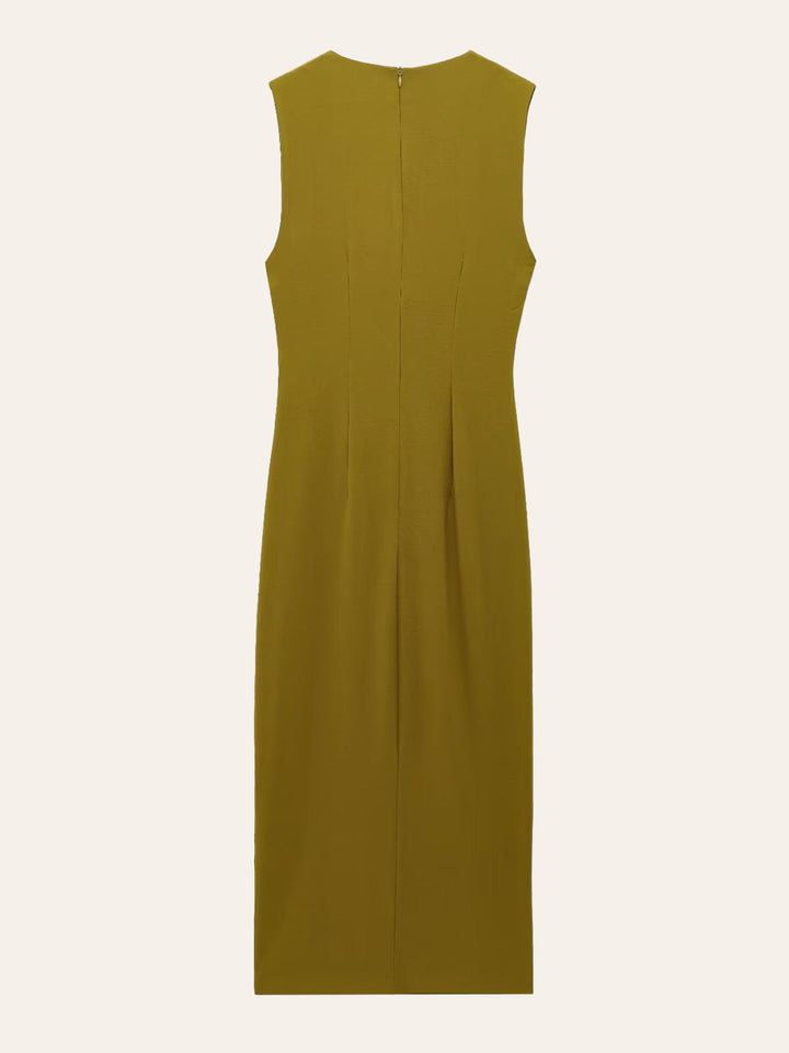 Metal Detay Büzgülü Bel Kolsuz Bölünmüş Elbise