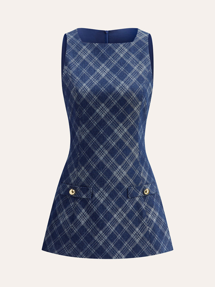 Metal Düğmeli Yuvarlak Yaka Dekor Cepli Kot Elbise