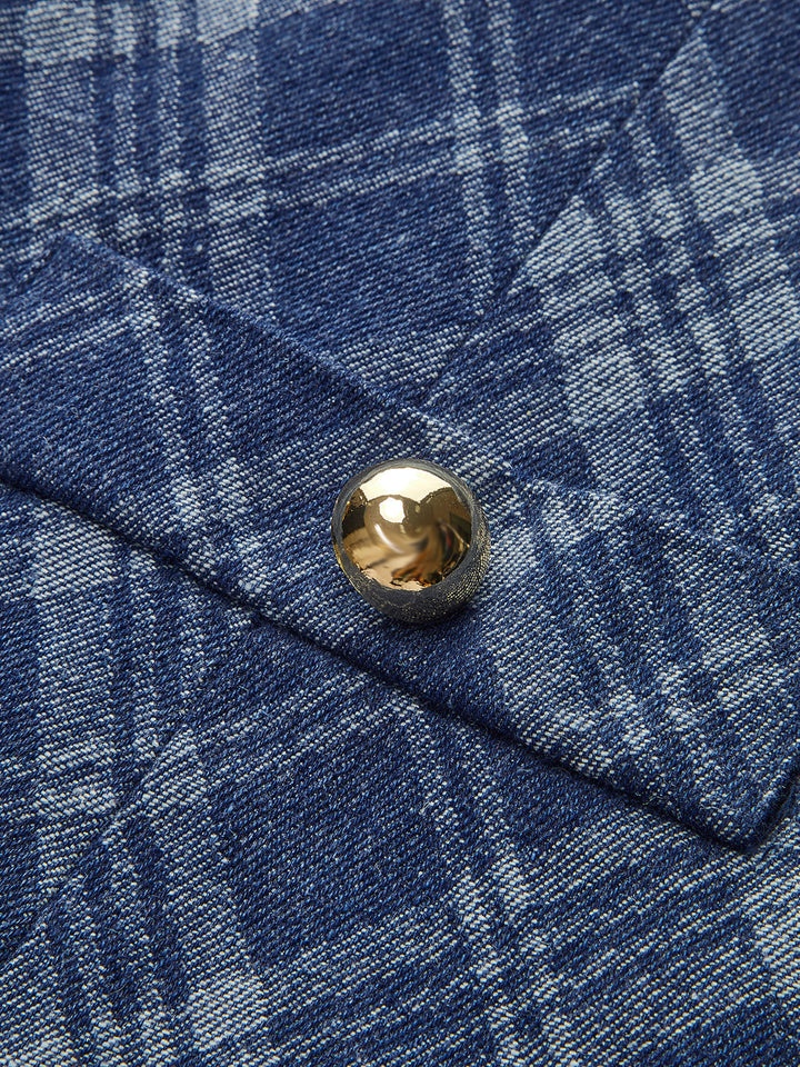 Metal Düğmeli Yuvarlak Yaka Dekor Cepli Kot Elbise