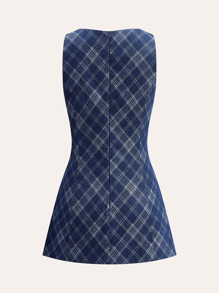 Metal Düğmeli Yuvarlak Yaka Dekor Cepli Kot Elbise