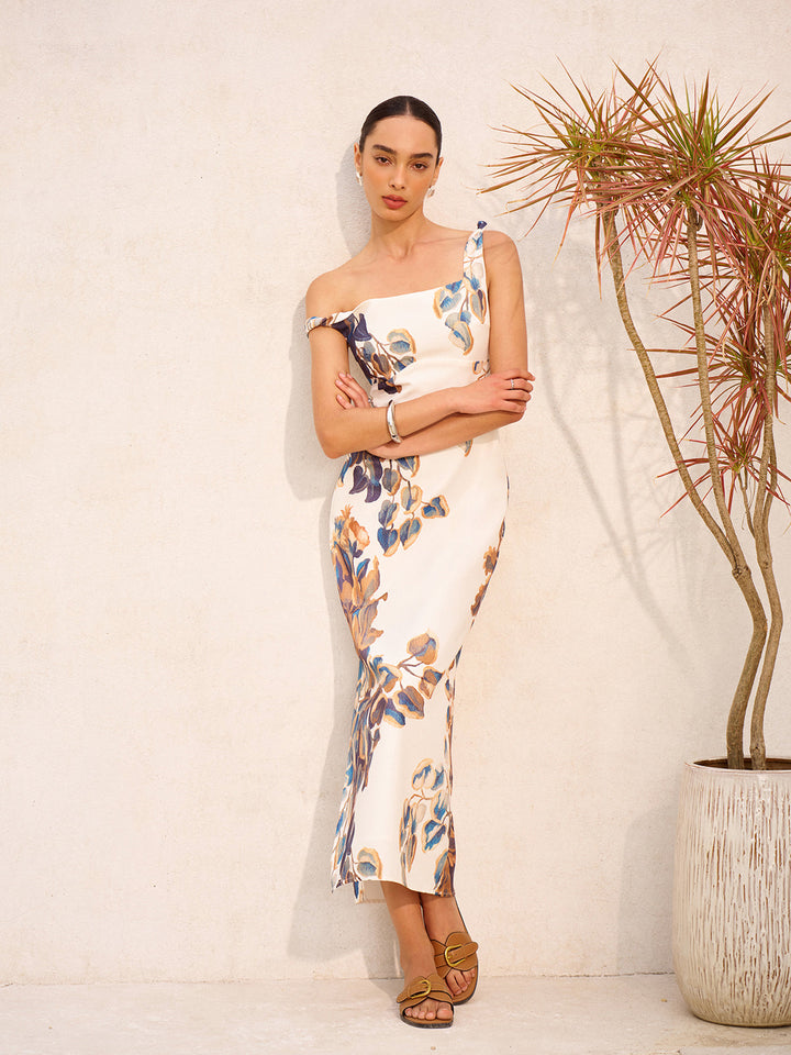 Boho Desenli Asimetrik Yaka Fermuarlı Bölünmüş Elbise