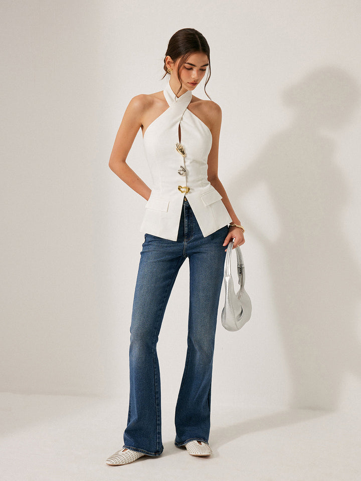 Pamuk Ve Keten Çapraz Sırtlı Askılı Üst Dekor Cepli