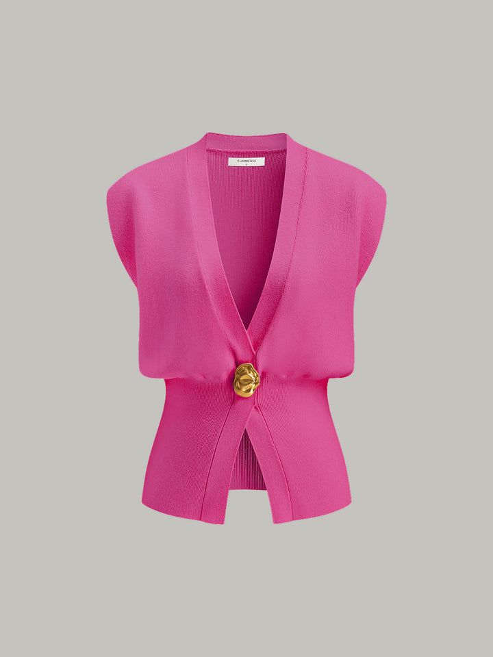 V Yaka Düğmeli Detaylı Kazak Yelek