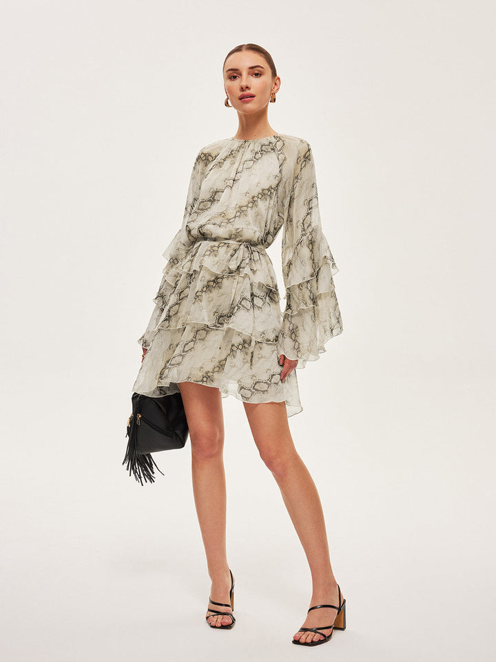 Şeffaf Baskılı Volanlı Bağcıklı Elbise