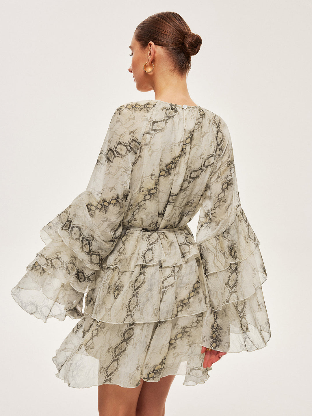 Şeffaf Baskılı Volanlı Bağcıklı Elbise