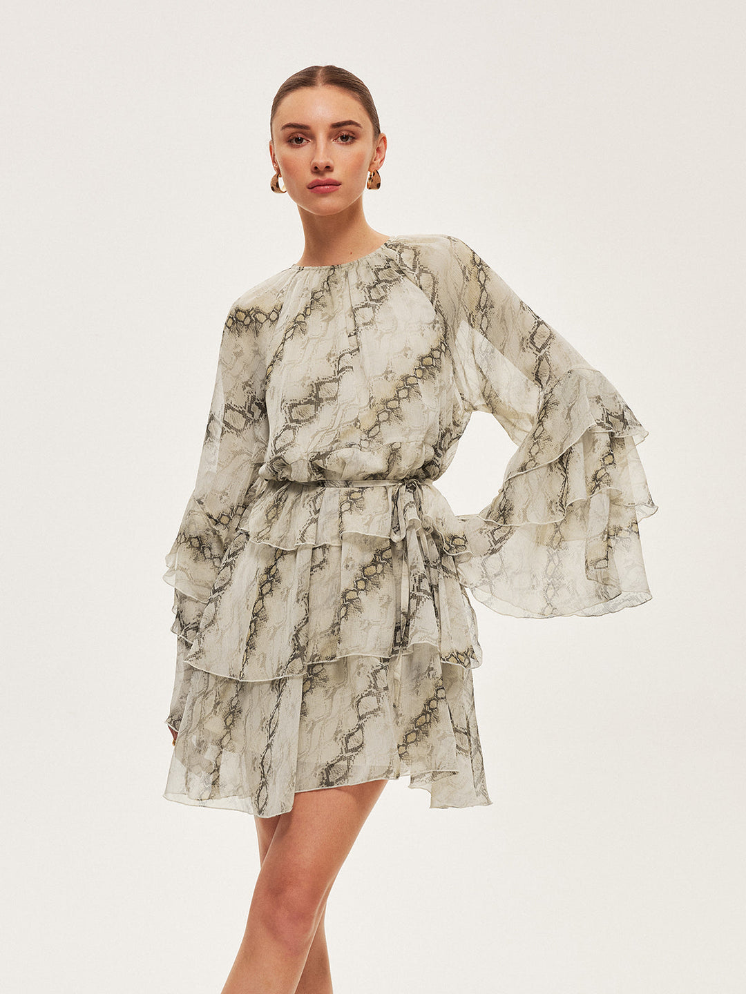 Şeffaf Baskılı Volanlı Bağcıklı Elbise