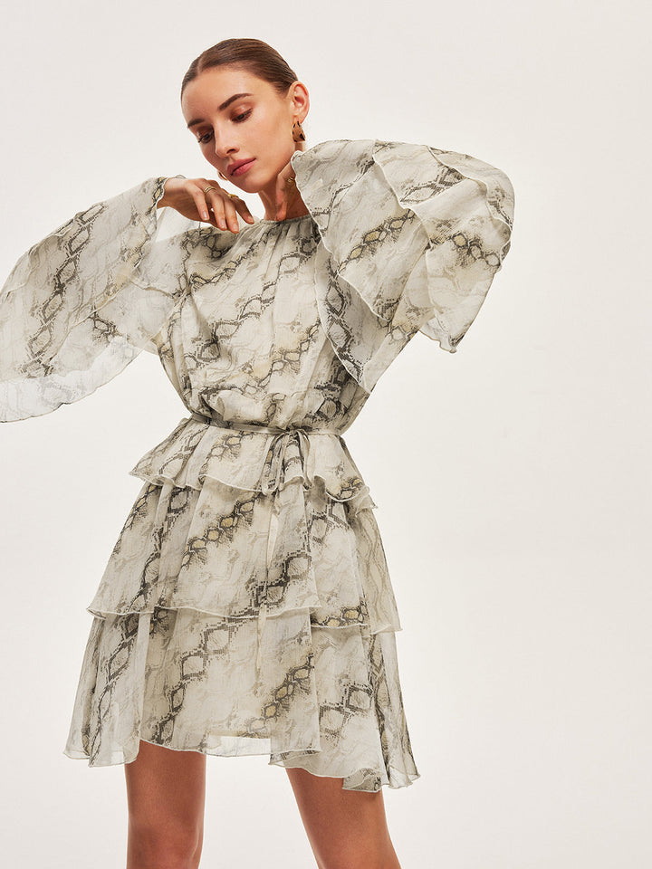 Şeffaf Baskılı Volanlı Bağcıklı Elbise