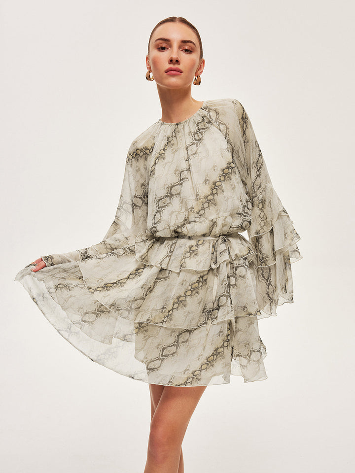 Şeffaf Baskılı Volanlı Bağcıklı Elbise