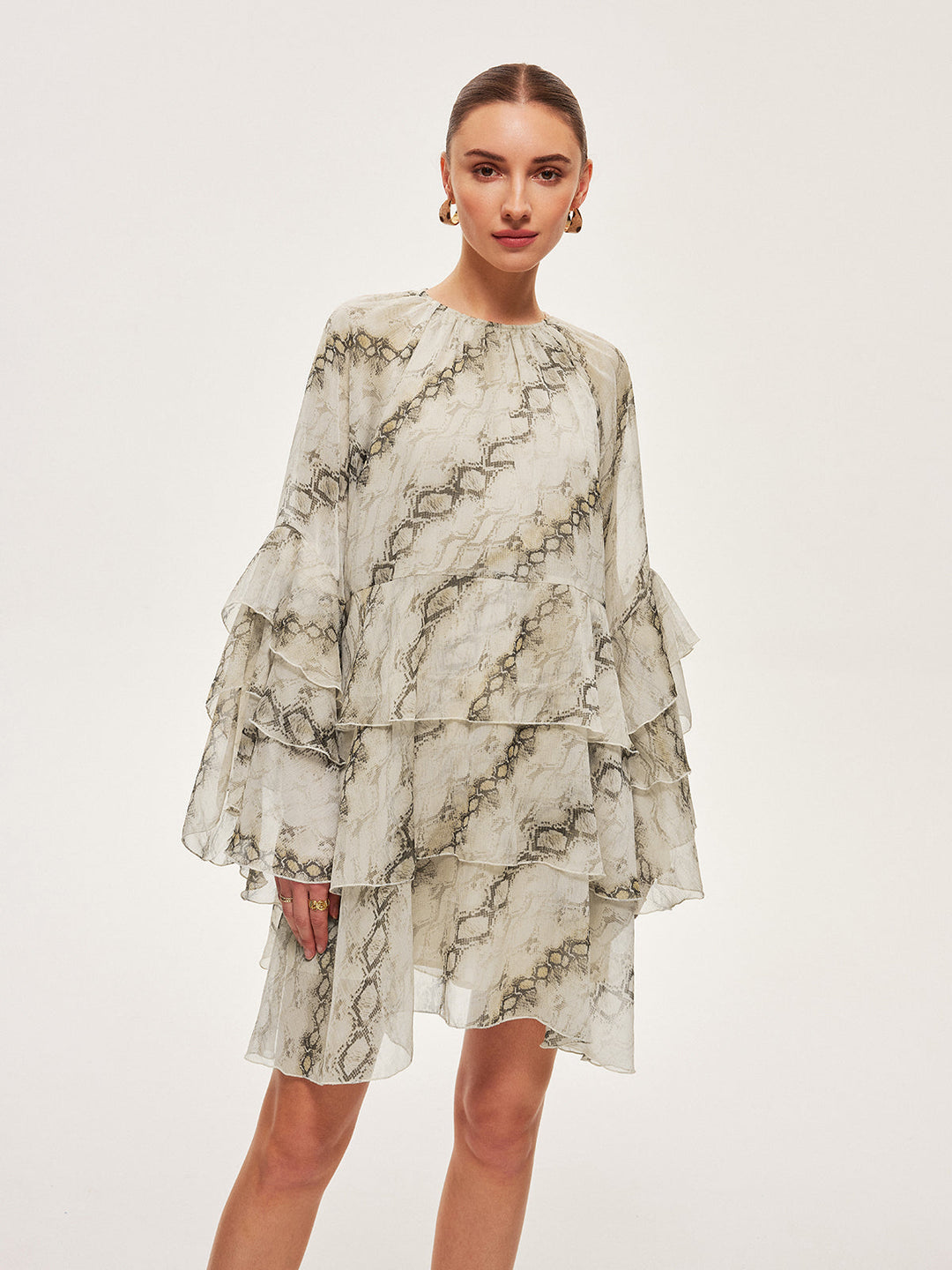 Şeffaf Baskılı Volanlı Bağcıklı Elbise