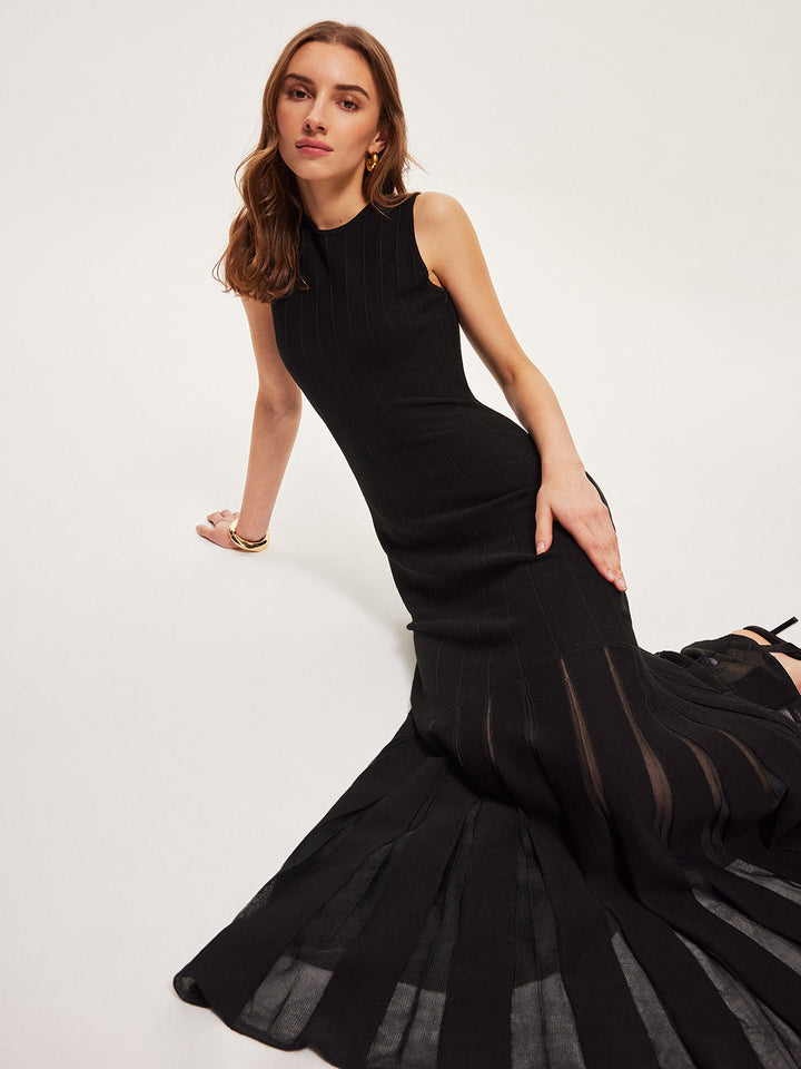 Kemersiz Yarı Şeffaf File Kloş Elbise