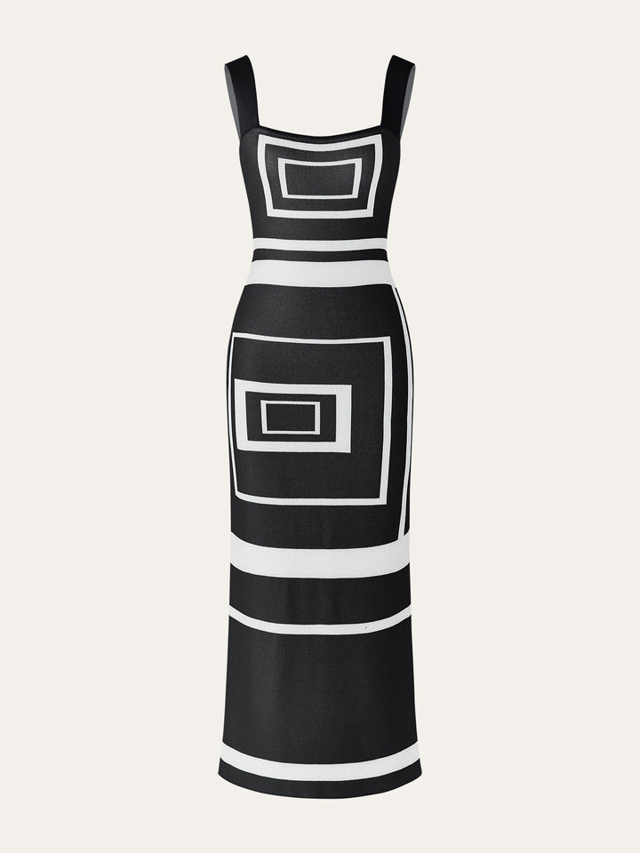 Geometrik Panel Kare Yaka Kazak Elbise