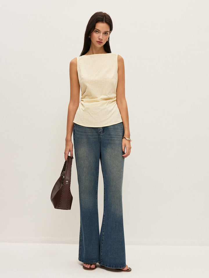 Pamuklu Düz Tekne Yaka Büzgülü Bel Kolsuz Bluz