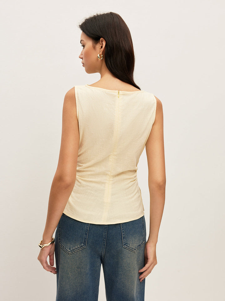 Pamuklu Düz Tekne Yaka Büzgülü Bel Kolsuz Bluz