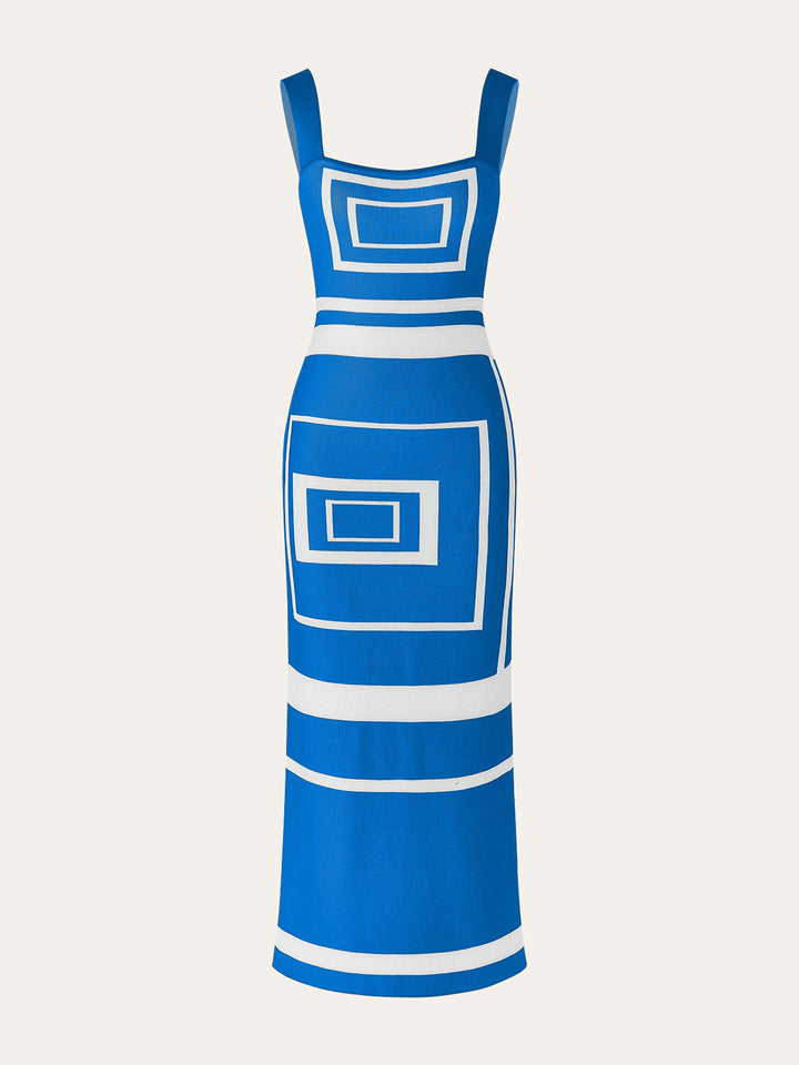 Geometrik Panel Kare Yaka Kazak Elbise