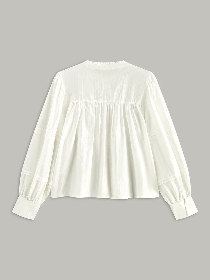 Pileli Dantel Kenarlı Düğmeli Bluz