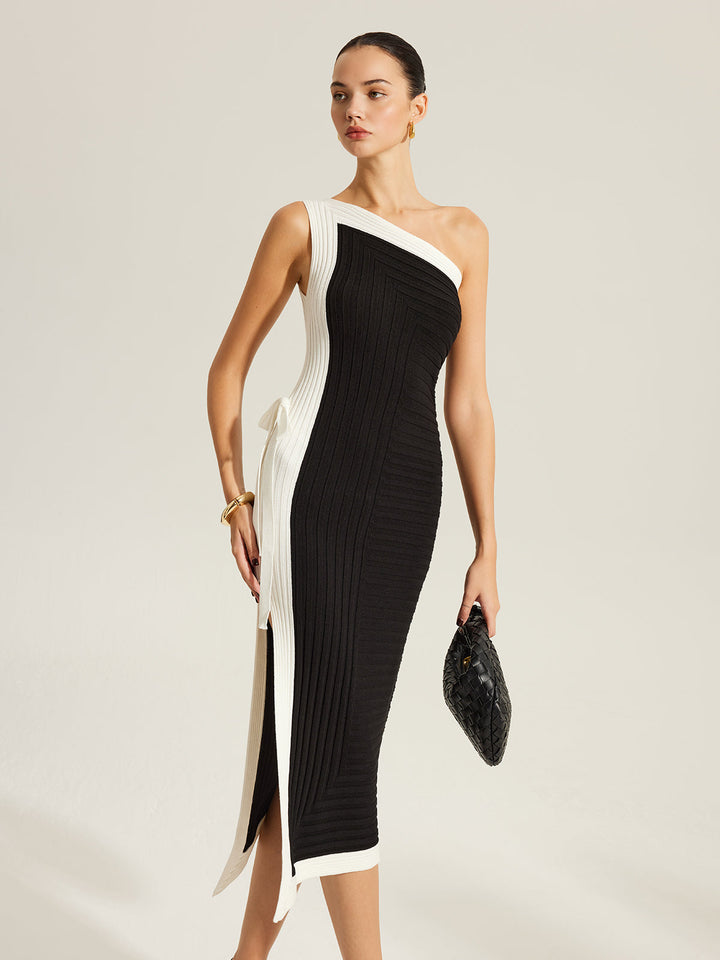 Yan Bağcıklı Renk Bloklu Tek Omuzlu Örgü Elbise