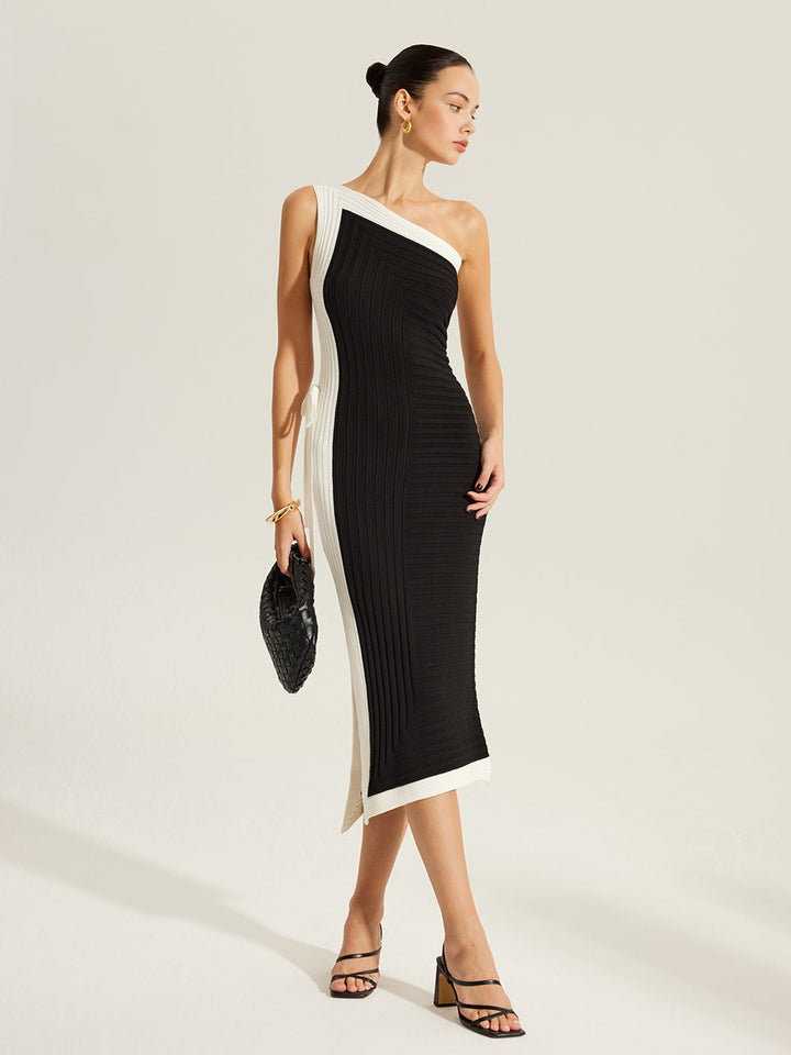 Yan Bağcıklı Renk Bloklu Tek Omuzlu Örgü Elbise