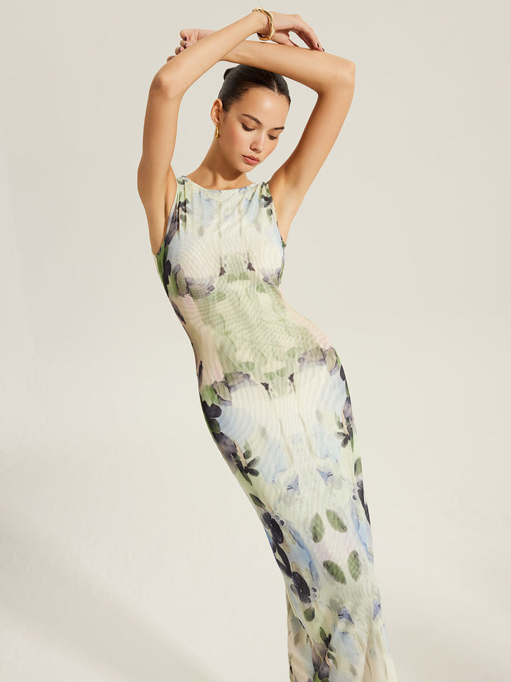 Çiçek Desenli Kolsuz File Elbise