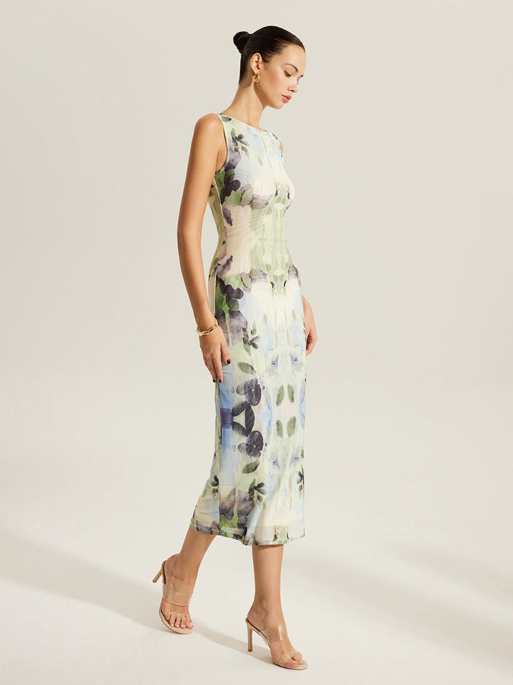 Çiçek Desenli Kolsuz File Elbise