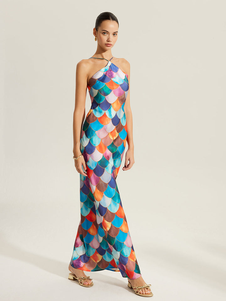 Renkli Pul Desenli Askılı Elbise