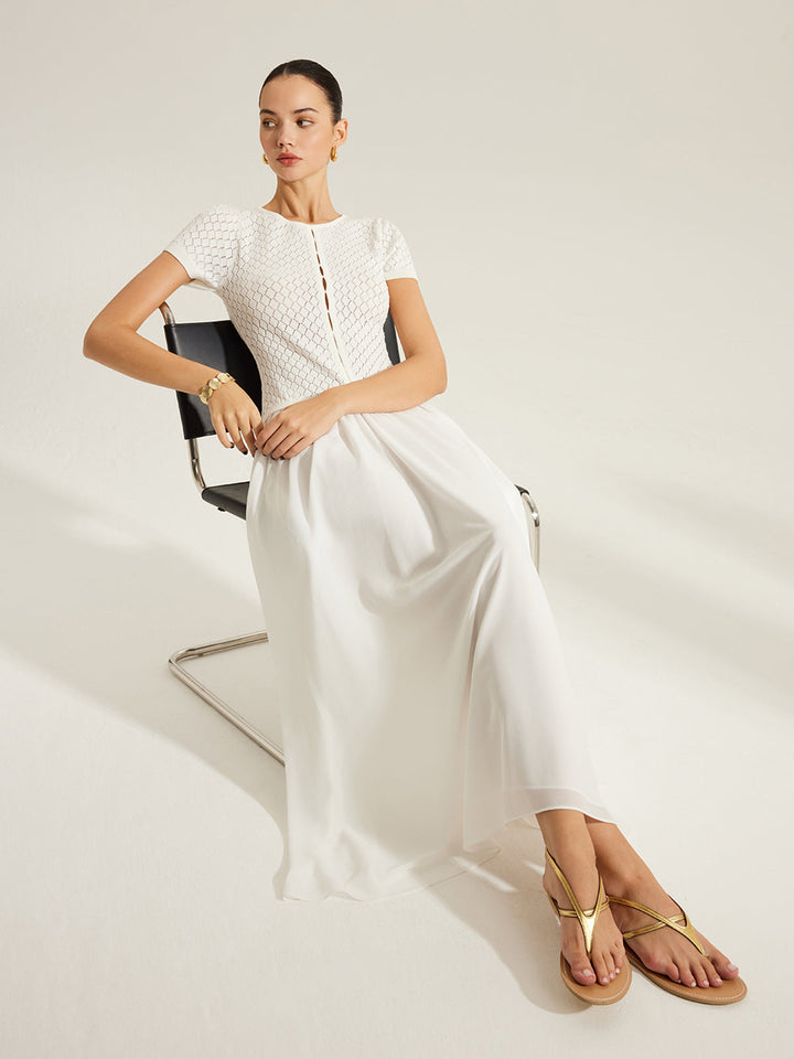 Şeffaf Panelli Önü Düğmeli Örgü Elbise