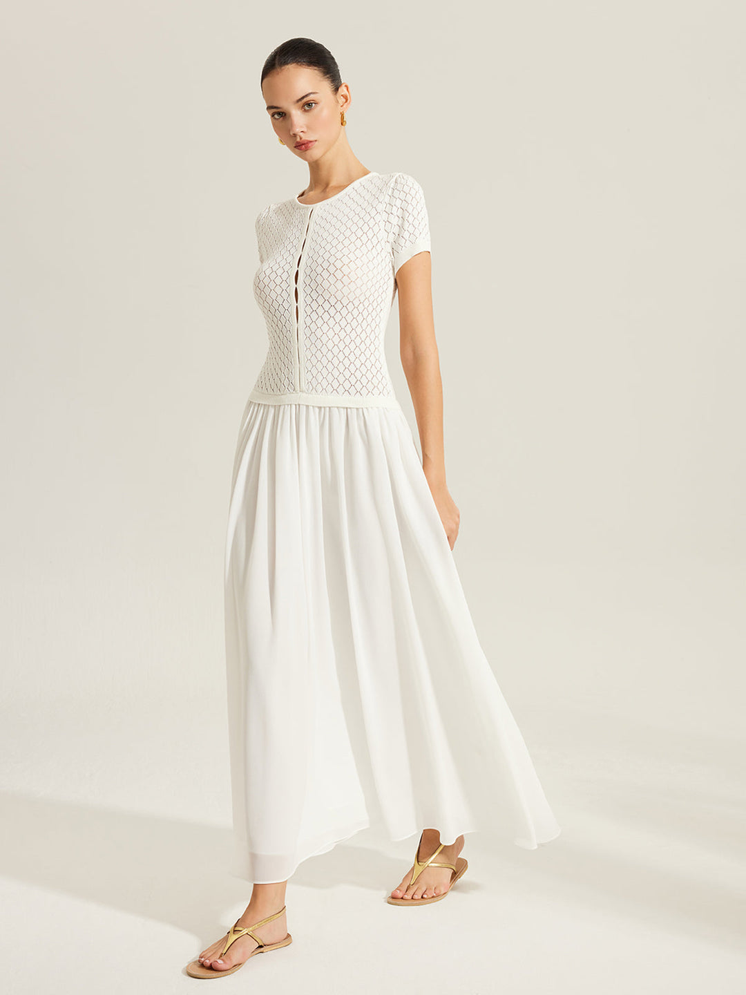 Şeffaf Panelli Önü Düğmeli Örgü Elbise