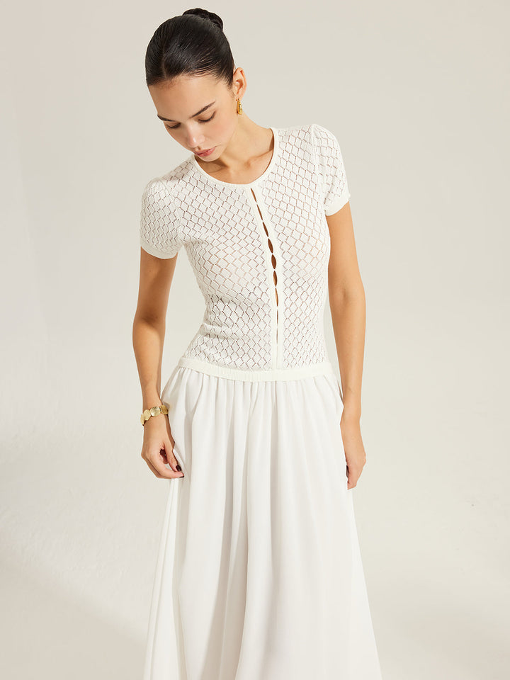 Şeffaf Panelli Önü Düğmeli Örgü Elbise